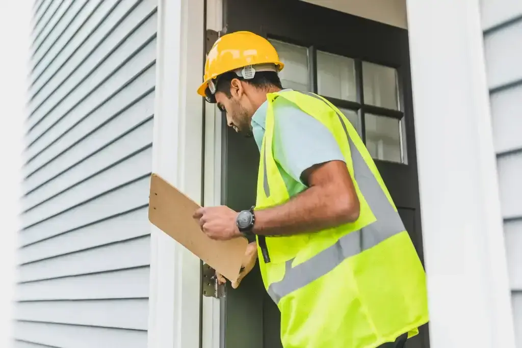 Construction worker in a yellow hard hat and high-visibility vest holding a clipboard near an open door.