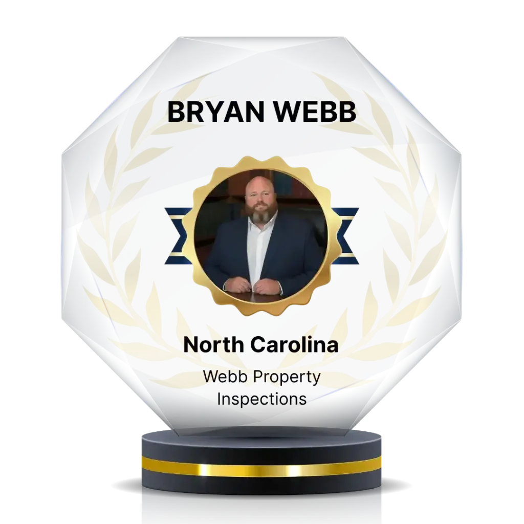 Trophy-style award with Bryan Webb's portrait at center, gold laurel border, and the text 'Bryan Webb' and 'North Carolina Web Property Inspections'.