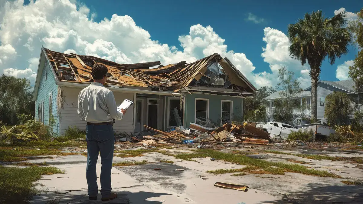 FEMA Disaster inspector inspecting a house that was damaged in a hurricane