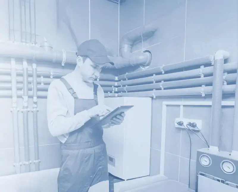 Maintenance technician in overalls and cap consulting a tablet beside exposed pipes.